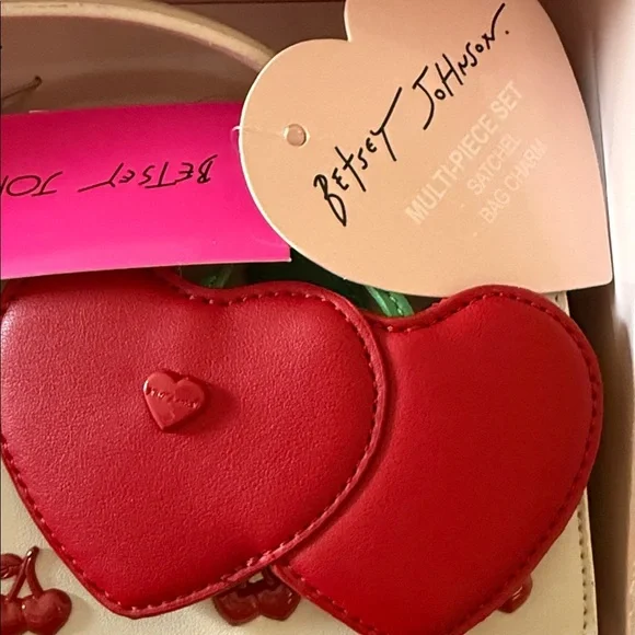 Betsey Johnson Cherry Mini Bag and Cherry Bag Charm Gift Set Cream and Red - Picture 4 of 8